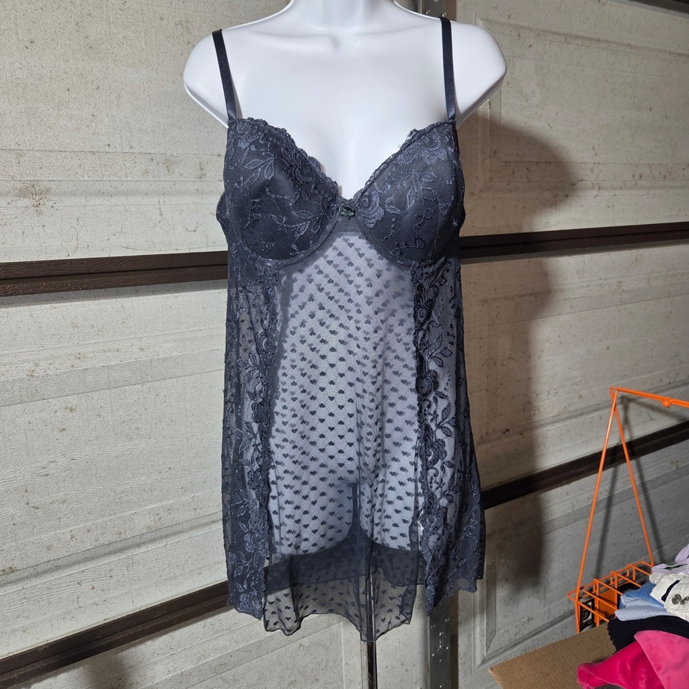 Rampage Intimates Blue Heart Mesh Lace Babydoll Chemise Lingerie 2X Underwire